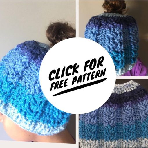 free crochet pattern, cable stitch crochet bun hat pattern