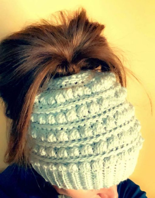 bobble stitch hat, textured bobble messy bun hat, crochet bun hat, messy bun hat