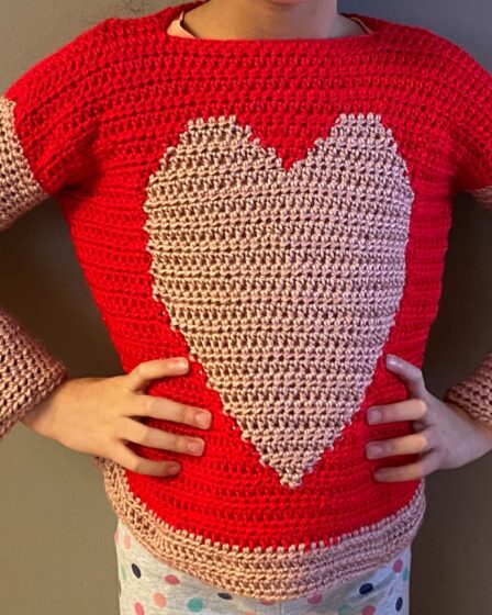 valentine, crochet valentine, heart, crochet heart, crochet heart sweater, crochet valentine sweater, diy sweater, easy crochet sweater pattern, how to crochet a sweater, beginner friendly crochet pattern, beginner crochet pattern,