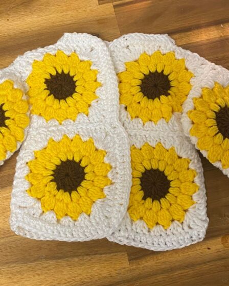 sunflower, crochet sunflower, crochet sunflower square, sunflower granny square, crochet cardigan, sunflower cardigan, granny square cardigan